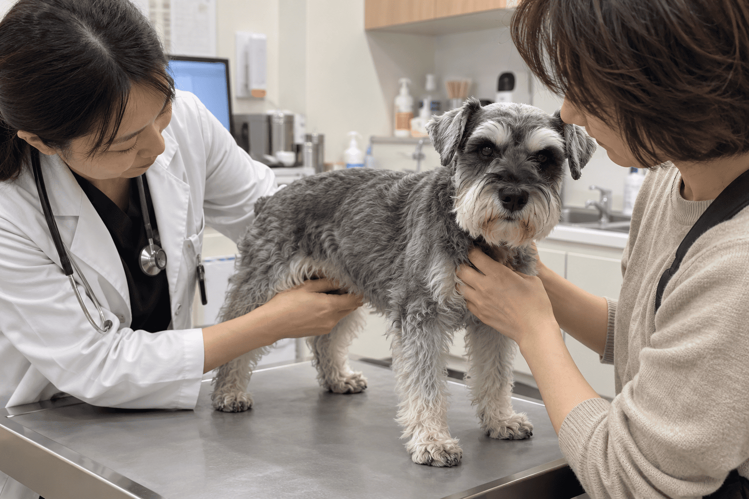 Veterinár pokojne vyšetruje staršieho bradáča počas konzultácie